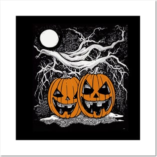 Pumpkin face scary with dark forest and full moon, cute Halloween Posters and Art